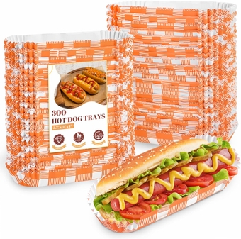 Paper Hot Dog Trays Disposable (300-Count) 6 Inch Fluted Hot Dog Wrapper Holder Food Boats Small Trays for To Go Hot Dogs, Taco, Snacks