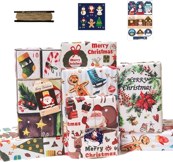 Christmas Wrapping Paper, Cute Santa Gingerbread Elf Xmas Gift Wrapping Paper w/Gift Tag Sticker Twine, Colorful Cartoon Thick Kraft Gift Wrap for New Year Holiday Party,5 Sheets 27.6x19.7in