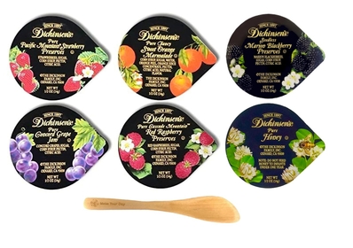 Dickinson's Single Serve Variety Pack, Strawberry Preserves, Orange Marmalade, Seedless Blackberry Preserves, Concord Grape, Red Raspberry Preserves, and Pure Honey, 1/2 Ounce (Pack of 60) - with    Spreader