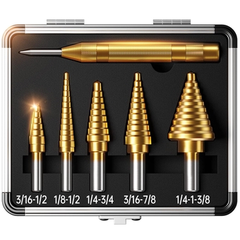 ONTOX Step Drill Bit Set, 6 Pcs Titanium High Speed Steel Unibit Step Drill Bit for Metal/Wood/Plastic, Total 50 Sizes with Automatic Center Punch & Aluminum Case for DIY Lovers and Home Use