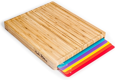 Cutting Board Set Easy-to-Clean Bamboo Wood Board with 6 Color-Coded Flexible Cutting Mats with Food Icons - Chopping Board Set