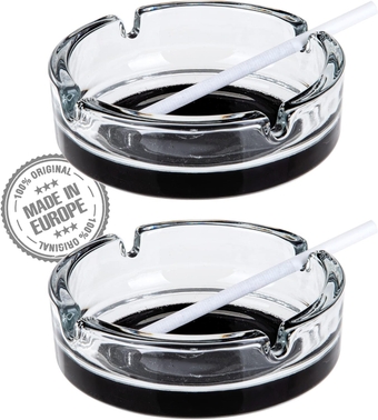 Glass Ashtrays for Cigarettes, Cigar Ash Tray Set for Outdoor Indoor Home Tabletop Patio Office or Restaurants, Round Cute Ash Holder, Luxury Gift for Men & Women, Set of 2 (Black Based)