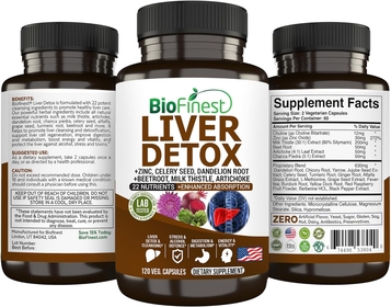 Liver Detox Supplement - 22 Nutrients Milk Thistle Artichoke Celery Seed Chanca Piedra Beet Root Dandelion Turmeric Ginger - Alcohol Cleanse Energy Digestion Metabolism (120 Veg. Capsules)