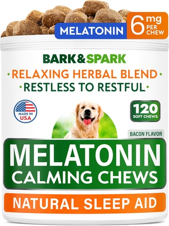 Bark&Spark Calming Melatonin for Dogs Sleep - 6mg Melatonin Chews for Small & Large Dogs Calm Aid - Calming Treats for Stress Anxiety Relief - Melatonin Chewable Pills & Tablets Puppies - Bacon