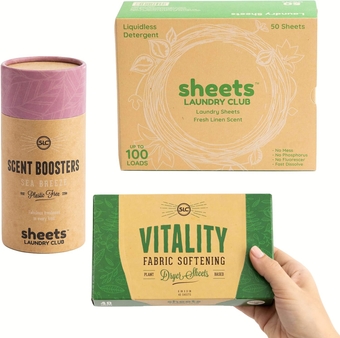 Sheets Laundry Club - All In One Laundry Kit.- Lightweight & Mess Free - Enjoy 50 Fast Dissolving Fresh Linen Laundry Sheets, 1-8oz Sea Breeze Scent Booster Tube, 40 Plant Based Vitality Dryer Sheets