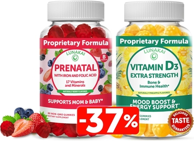 Prenatal Vitamins and Vitamin D3 Gummies Bundle - with Iron and Folic Acid, Chewable Multivitamin Gummy - Immunity, Bone and Mood Support for Adults