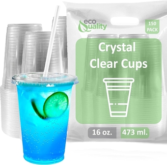 Large Clear Plastic Disposable Cups with Lids & Straws 150 count - 16 oz (ounces) Clear PET Cup for Cold Smoothie, Iced Coffee, Boba, Bubble Tea, Protein Shakes, Cold Drinks,Cups + Flat Lids +Straws