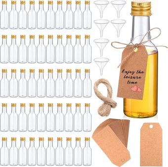 100 Pcs Mini Liquor Bottles Set, 1.7oz Plastic Spirit Bottles Mini Plastic Alcohol Shot Bottles with Caps, 6 Liquid Funnels and Kraft Tags with 65 ft Ropes for Party (Gold Cap)