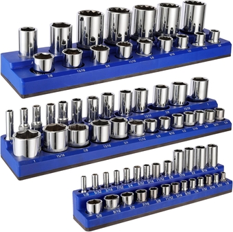 68-Slot Magnetic Socket Organizer, 3PC Socket Holder Kit, 1/2-inch, 3/8-inch, 1/4-inch Drive Socket Tray Holders,for Standard and Deep SAE Sockets, Heavy Duty Tools Organizer(Blue)