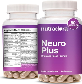 Neuro Plus Brain Supplement for Memory and Focus, Premium Focus Supplement with DMAE Promotes Concentration & Energy for Men and Women, Formulated in USA, 60 Capsules