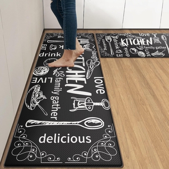 Anti-Fatigue Kitchen Rug Set of 2 Black Cooking Knife and Fork Cushioned Kitchen Floor Mat, Standing Mat Waterproof Non-Slip Kitchen Mats and Rugs PVC Ergonomic Comfort Foam Rug for Kitchen