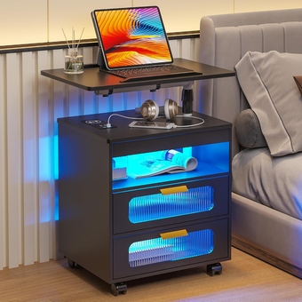 Nightstand with Wireless Charging Station, LED Nightstand Has Adjustable Rotary Workstation,Smart Night Stand with 2 Drawers,Modern Bedside Table for Bedroom, Sensor Light/Wheel (Black)