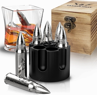 Whiskey Stones Set in Wood Case Valentines Day Gift for Him, Stainless 6 Steel Whiskey Rocks for Men, Metal Ice Cubes for Drinks, Cool Whisky Stones Gifts for Men, Silver