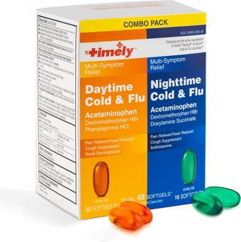 Timely Day and Night Cold and Flu Medicine - 32 Daytime and 16 Nighttime Cold and Flu Softgels - Compared to The Active Ingredients in Vicks DayQuil & NyQuil Cold & Flu LiquiCaps - Nasal Decongestant