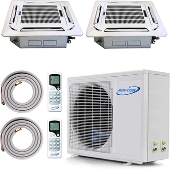 Multi Zone Mini Split Ductless Air Conditioner - Dual 2 Zone 12000 + 24000- Pre-Charged Inverter Compressor - Includes Two Free 25' Linesets - Ceiling Cassette - US Parts & Tech Support