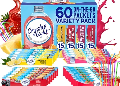Crystal Light Packets Fruit Punch, Raspberry Lemonade and Wild Strawberry Packets Sugar-Free Powdered Drink Mix Variety Pack (60 Count) with Drinkolin Straws - Fits 16.9 oz Bottles