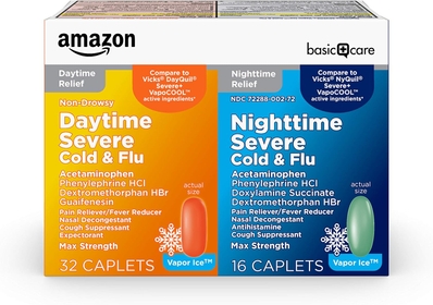 Vapor Ice Day and Night Severe Cold and Flu Relief Caplets, Maximum Strength Medicine, Combo Pack, 48 Count