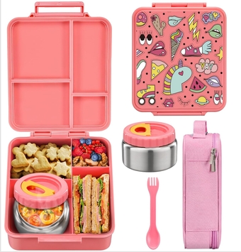Bento Lunch Box for Kids With 8oz Soup Thermo, Leakproof Lunch Containers with 4 Compartment Bento Box, Thermo Food Jar and Lunch Bag, BPA Free,Travel, School(Vogue Patches)