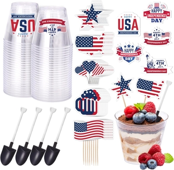 200Pcs Independence Day Cup Supplies 50Pcs Plastic Shovel Shape Novelty Spoons 50Pcs Cake Desserts Cups Patriotic Cupcake Toppers Stickers for 4th of July Party Decor