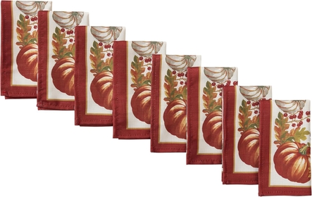Autumns Bounty Bordered Thanksgiving and Fall Season Fabric Napkin Set, Bountiful Farm Pumpkin and Gourd Harvest Easy Care Napkins, Set of 8 Fabric Napkins