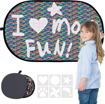 Sequin Fabric Sensory Wall Fun Toy Graffiti Fabric for Kids, Tactile Stimulation Reversible Glitter Fabric Size 23.5 x 35 Inches with Shape Stencils and Travel Case