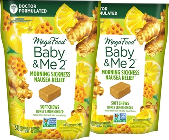 Baby & Me 2 Prenatal Morning Sickness Relief Soft Chews -with Real Ginger and Vitamin B6 - Vegetarian - Made Without 9 Food Allergens - Honey Lemon Ginger Flavor - 30 Chews (Pack of 2)
