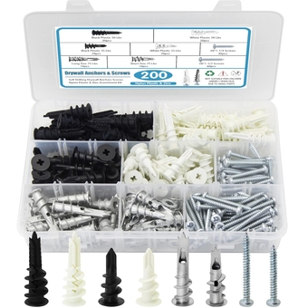 Dry Wall Anchors and Screws Kit, 200PCS Self Drilling Wall Anchors and Screws for Drywall,Sheetrock,Hollow Door,Plaster Wall - Zinc Metal & Nylon Plastic Assortment Drywall Anchors and Screws Kit