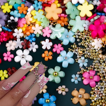 3D Flower Nail Charms Shiny Faux Pearl Round Beads DIY Resin Colorful Flowers Nail Decoration Spring Cherry Blossom Nail Gems Mix Sized Floral Nail Art Rhinestones for Women Girls 1000Pcs