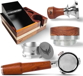 All in One 54mm Breville Coffee Espresso Machine Accessories Kit 6pcs: Bottomless Portafilter 54mm, Spring Loaded Tamper, Knockbox with Tamper Station, Distribution Tool, Dosing Funnel, Puck Screen
