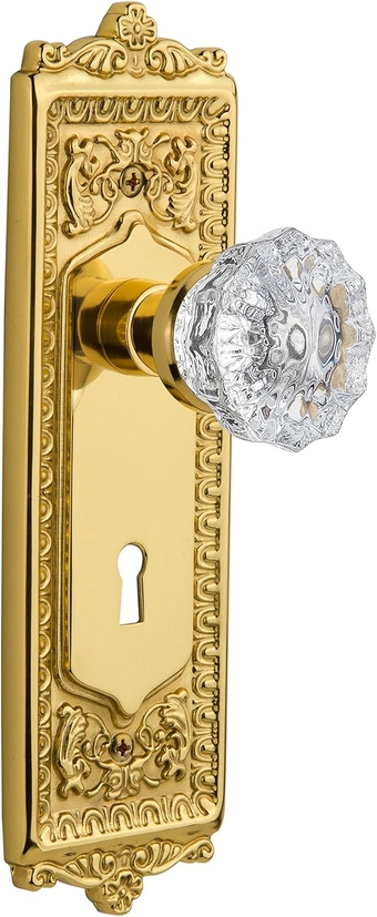 Warehouse Egg and Dart Plate with Keyhole Crystal Knob, Mortise - 2.25", Polished Brass