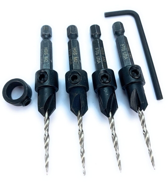 Countersink Drill Bit Set 4 Pc Countersink Drill Bit Same Size Countersink 4 (7/64") Tapered Countersink Bit, 1 Depth Stop Collar, Hex Wrench (Allen Key) Woodworking Tools