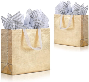 4 Pack Gold Gift Bags with Tissue Paper, 12.5x4.7x11 Inches, Reusable Gift Bags, Large Gift Bags, Reusable Grocery Bags for Bridesmaids, Men and Women (32x12x28 cm)
