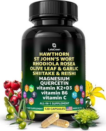Organic Hawthorn Berry Capsules - St Johns Wort Capsules for Fatigue, Worry Fighting 120 Count - Pure Rhodiola Rosea Supplement - Olive Leaf, Shiitake, Reishi Mushroom Extract