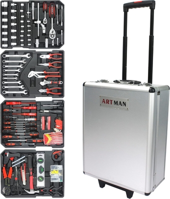 889 Pcs Aluminum Trolley Case Tool Set with Wheels, Four-Layer Tool Kit with Rolling Tool Box, Portable Toolbox Storage Case with Drawer for Repair Gift on Father's Day
