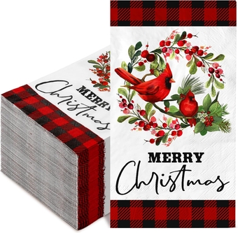 AnyDesign 100 Pack Christmas Guest Napkins Xmas Watercolor Cardinal Bird Berry Disposable Paper Napkins Red Black Buffalo Plaids Dinner Hand Napkins for Home Kitchen Bathroom, 13 x 15.7 Inch