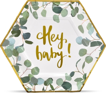 50 Hey Baby Shower Plates 9 Inch Hexagon Paper Disposable Dinner Plate Tableware Eucalyptus Greenery with Gold Foil for Boys or Girls Neutral Gender Reveal Party Supplies Decorations