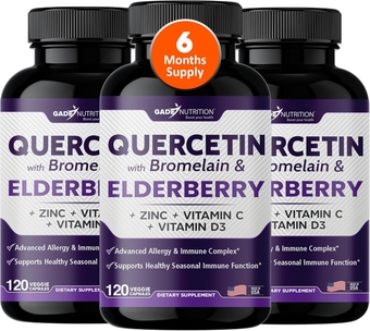 Quercetin with Vitamin C and Zinc - Elderberry - Quercetin 500mg - Quercetin with Bromelain - Zinc Quercetin - Vitamin D3 - 6 in 1 Daily Immune Support, Non-GMO - Sambucus Supplement - 6 Months Supply