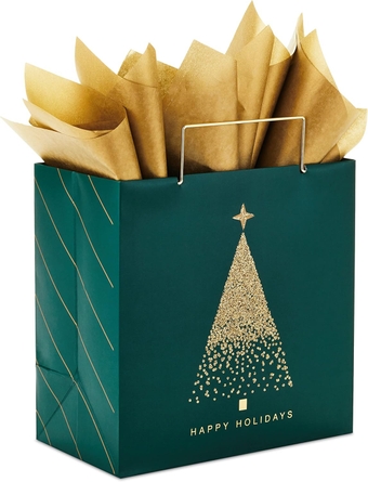 Signature 7" Medium Christmas Gift Bag with Tissue Paper (Hunter Green and Gold Tree, Happy Holidays) with Foil, Glitter, Metal Handle