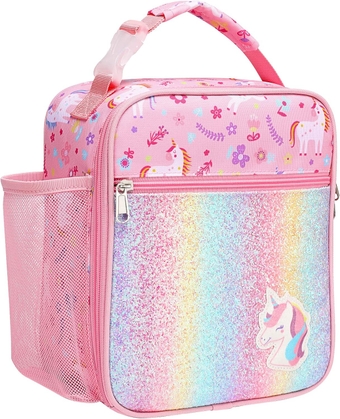 Kids Lunch Box Girls - Insulated Kids Lunch Bag for Girls Portable Reusable Toddler Lunch Cooler Bag for School, Water-resistant Lining（Glitter Unicorn,Pink）
