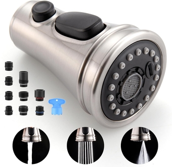 Kitchen Faucet Spray Head Replacement - Pull Down Faucet Sprayer Head with 9 Adapters, 3-Function Kitchen Sink Faucet Head, Replacement Pull Out Faucet Head, Brushed Nickel