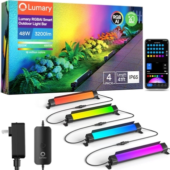 Smart Led Light Bar, RGBWW Color Changing Wall Lights, IP65 Backyard Flood Ambient Lights Outdoor for Room Gaming Garden Party Events Lighting, APP&Voice Control, 4 Pack