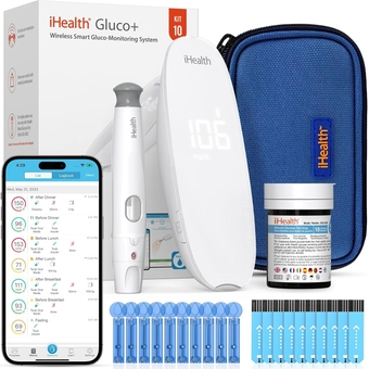 Gluco+ Wireless Smart Blood Glucose Monitor Kit with Free App, 10 Glucometer Strips, 10 Lancets, 1 Blood Sugar Monitor, 1 Lancing Device, Portable Diabetes Testing Kit for Home Use