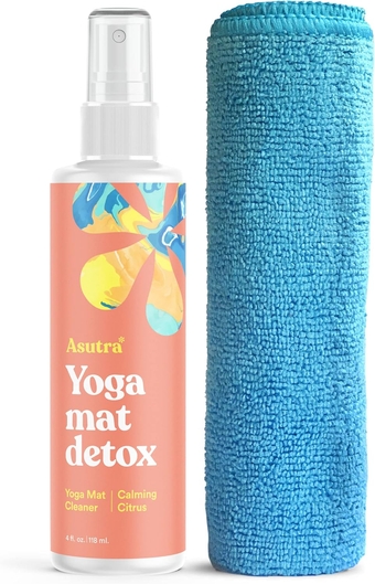 Organic Yoga Mat Cleaner (Calming Citrus Aroma), 4 fl oz | No Slippery Residue | Cleans, Restores, Refreshes | Comes w/Microfiber Towel | Deep-Cleansing for Fitness Gear & Gym Equipment