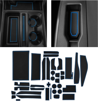 fits Ford F150 Accessories 2021-2023 Premium Custom Interior Non-Slip Anti Dust Cup Holder Inserts, Center Console Mats, Door Pocket Liners 38pc Set (Bucket SuperCrew) (Blue Trim)