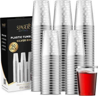 Silver Plastic Cups Disposable, 50 Pack 10oz Elegant Clear Party Cups, Sturdy Plastic Wine Tumblers for Weddings, Bridal Showers, Christmas Disposable Cups for Wine, Sodas, Drinks