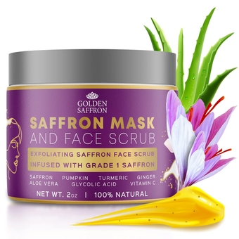 Golden Saffron Exfoliating Face Mask & Scrub, Brightening and Deep Cleanser, Minimizes Pores and Blackheads, Reduces Hyperpigmentation, All Skin Types, Gluten-free– 2 OZ