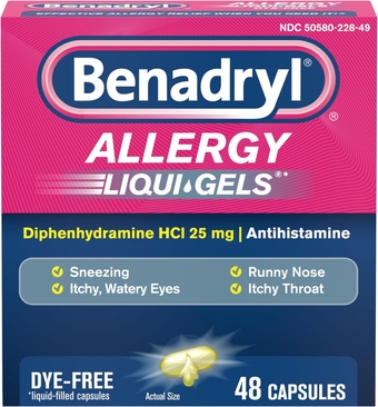 Liqui-Gels Antihistamine Allergy Medicine & Cold Symptom Relief, Dye-Free Liquid Gels with 25 mg of Diphenhydramine HCl for Symptoms Such As, Runny Nose, Sneezing & More, 48 ct