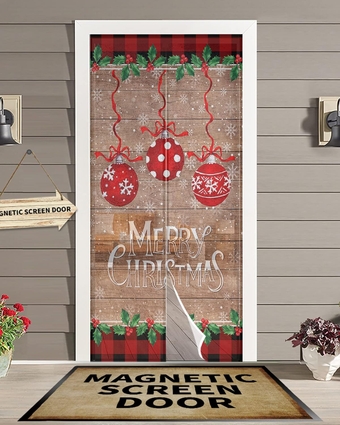 Magnetic Screen Doors Christmas Ball Snowflake Berry,Summer Mesh Curtain with Magic Sticker,Winter Retro Wood Board Buffalo Plaid Self Sealing Door Screens for Kitchen,Patio,Entry Door Frame 38x83In