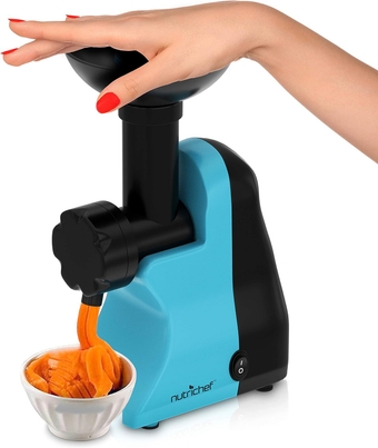 Electric Frozen Fruit Dessert Maker - Fruit Sorbet Machine - Make Ice Cream, Dessert, Gelato, Smoothies, Slushies & Frozen Yogurt - Includes Food Plunger & Recipe Book - Blue