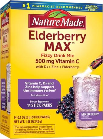 Elderberry MAX Fizzy Drink Mix, Vitamin C, Vitamin D3, and Zinc Supplement for Immune Support, Fast Absorption, 14 Stick Packs